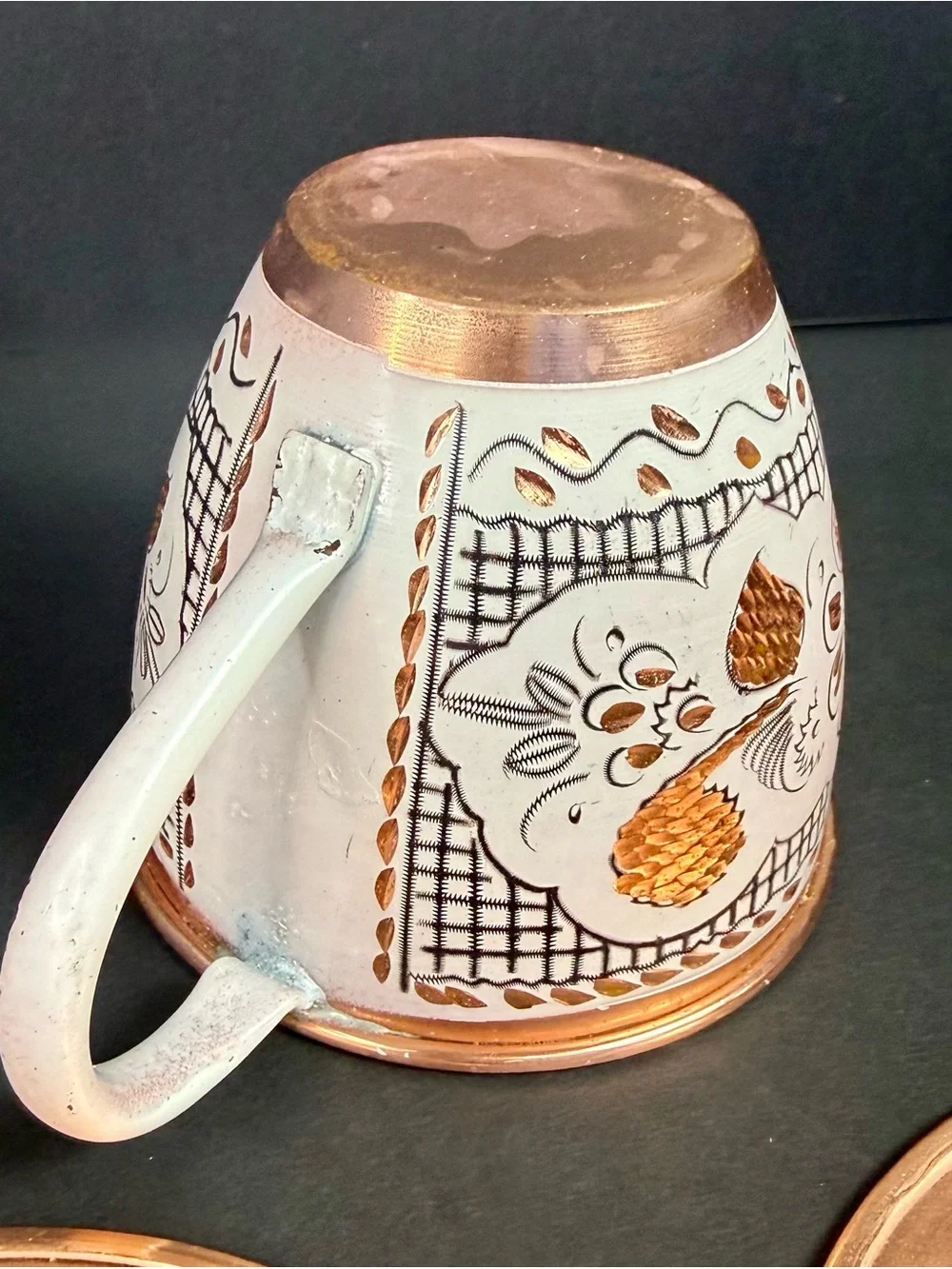Vintage Handcrafted Copper Mugs Pure Copper Colorful Floral Engravings Turkish